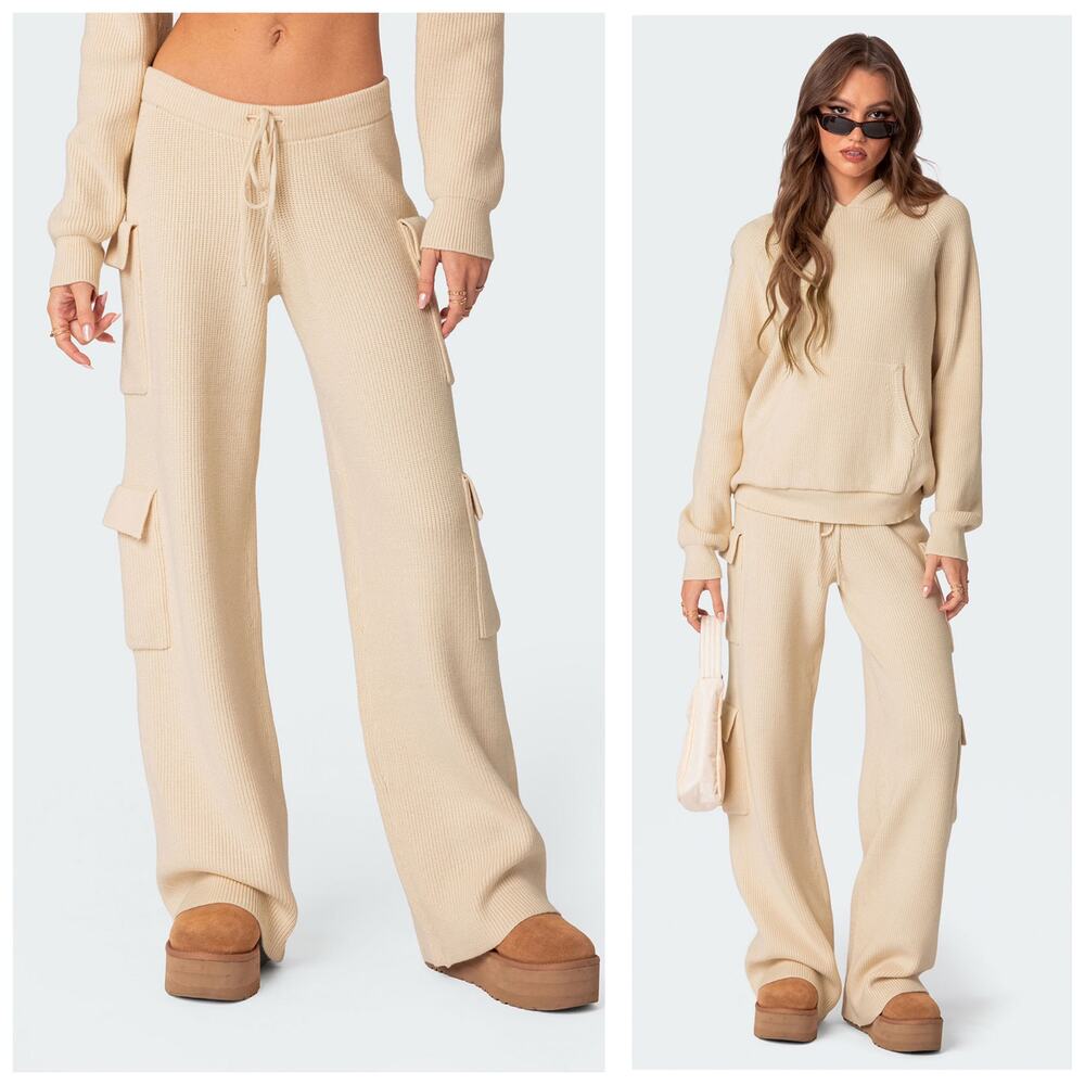 Edikted Wynter Knit Cargo Pants Size Medium Cream Ribbed Wide Leg Loungewear